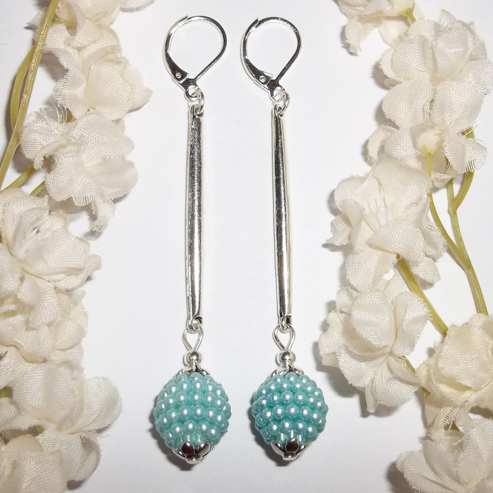 Long Earrings Statement Turquoise Blue Silver Bar Stick Unique Funky NWT 7136